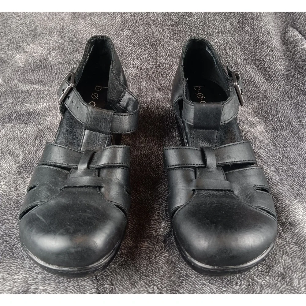 Born boc Black Leather Wedge Mary‎ Jane Cutout Sandals Women Size 6M